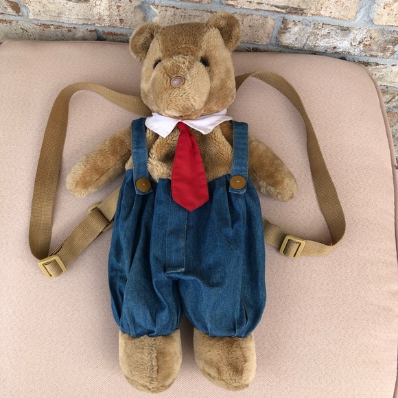 Vintage Unisex Teddy Bear in overalls Red Tie Kids Teddy Plush Backpack - Picture 3 of 16